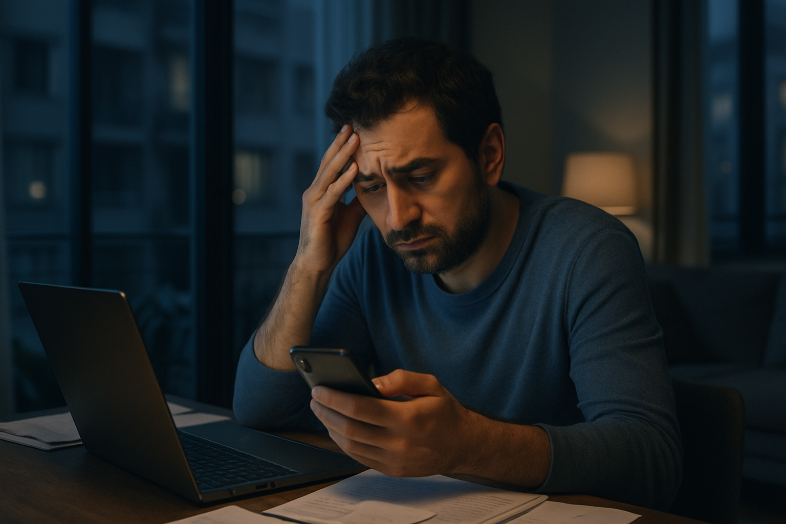 Telefonda ev arayan yorgun kisi